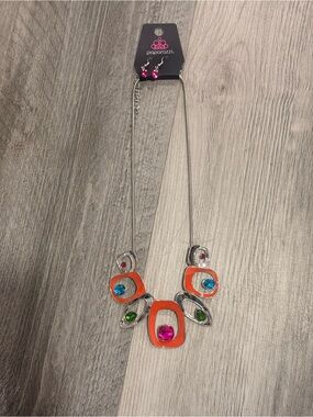 paparazzi Orange Pendant Necklace with Pink, Blue & Green Gems